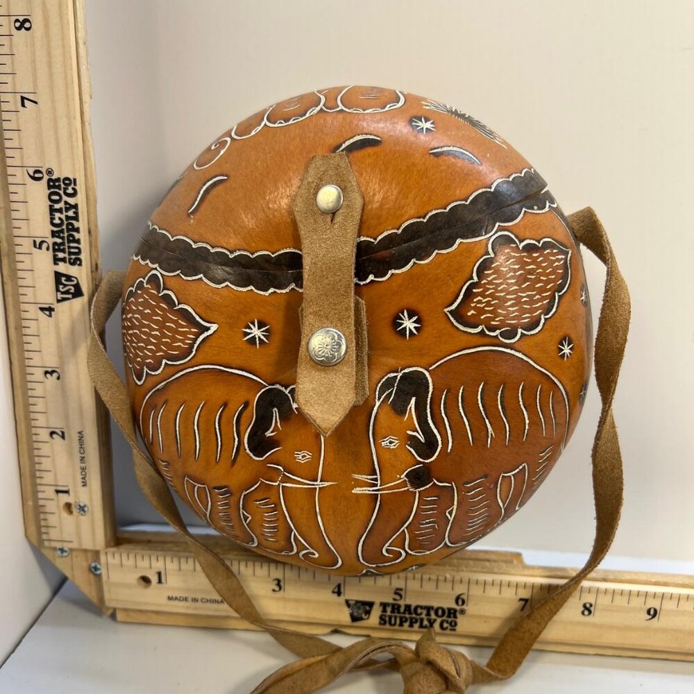 Women's Vintage Hand Carved Wooden Elephant Round Box Purse Leather Strap Bag